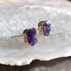 Raw Amethyst Crystal 14k Gold Plated Earrings